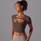 Classic solid color spliced mesh sexy double-layer short-sleeve camisole bra running fitness double-layer yoga top for women