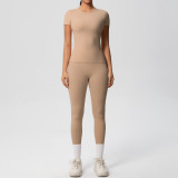 In-stock cross-border solid color double-sided brushed breathable tight-fitting fitness sports two-piece running and yoga outfit set