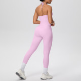 Cross-border solid color brushed fabric backless tight-fitting halter neck pocket yoga outfit set for sports, running, and fitness two-piece set