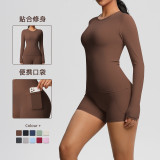 New cross-border European and American solid color double-sided nylon brushed long-sleeve yoga outfit set for sports, running, and fitness two-piece set