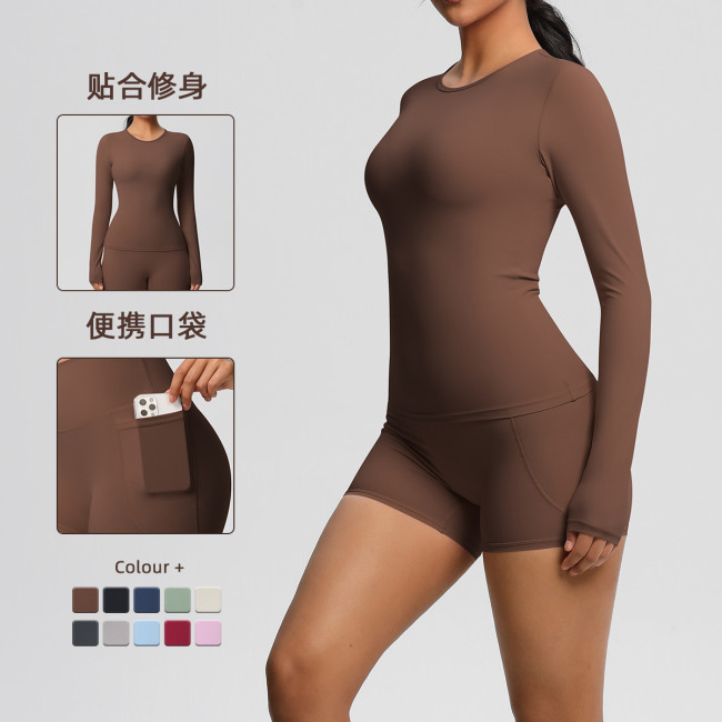 New cross-border European and American solid color double-sided nylon brushed long-sleeve yoga outfit set for sports, running, and fitness two-piece set