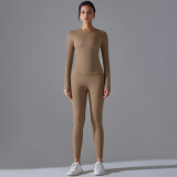 New solid color double-sided brushed breathable high-elastic tight-fitting long-sleeve yoga outfit set for sports, running, and fitness two-piece set