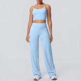 New cross-border brushed solid color backless tight-fitting breathable wide-leg yoga outfit set for sports, running, and fitness two-piece set