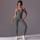 New European and American style tight-fitting solid color one-piece jumpsuit, seamless breathable long yoga jumpsuit with beautiful back design