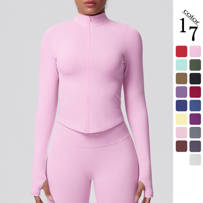 Cross-border seamless solid color tight-fitting high-elastic breathable stand-up collar zip-up jacket for women's sports, running, fitness, and yoga