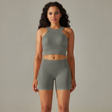 Cross-border seamless peach back five-piece set: solid color high-waisted tight-fitting jacquard backless bra, tank top, and yoga pants set
