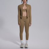 New cross-border seamless solid color tight-fitting high-elastic breathable three-piece sports running fitness yoga outfit set