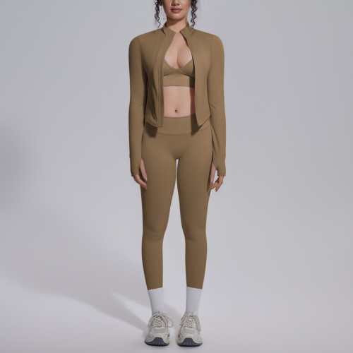 New cross-border seamless solid color tight-fitting high-elastic breathable three-piece sports running fitness yoga outfit set