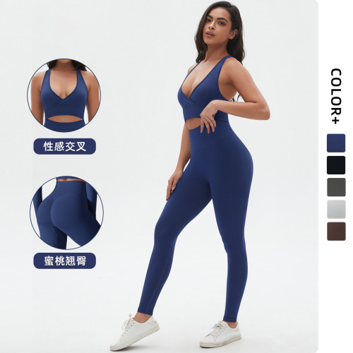 New cross-border seamless solid color tight-fitting sexy cross-back yoga outfit set for running and fitness, two-piece set