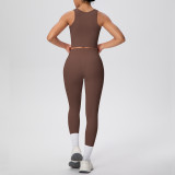 New cross-border double-sided brushed solid color breathable long yoga vest set, two-piece sports running fitness outfit