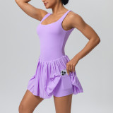 Cross-border European and American style seamless two-piece sports dress with anti-exposure pockets, suitable for outdoor running, fitness, and tennis