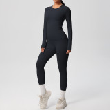 In-stock cross-border double-sided brushed solid color tight-fitting long-sleeve yoga outfit set for sports, running, and fitness two-piece set