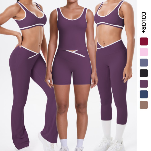 New cross-border color-blocking cross-fit brushed high-elastic yoga outfit set for running, fitness, and breathable training, five-piece set