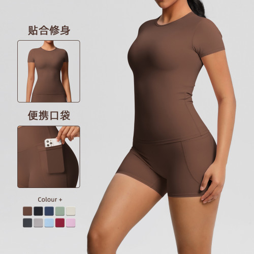 New cross-border European and American solid color double-sided nylon brushed short-sleeve yoga outfit set for sports, running, and fitness two-piece set