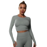 Cross-border European and American seamless tight-fitting solid color ruched sports long-sleeve top, high-elastic breathable running fitness yoga wear for women