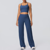 New cross-border brushed solid color backless tight-fitting breathable wide-leg yoga outfit set for sports, running, and fitness two-piece set
