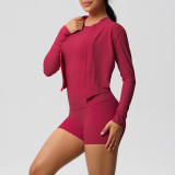 European and American cross-border cloud-feel brushed sports zip-up jacket, casual running butt-lifting pocket shorts, yoga outfit three-piece set