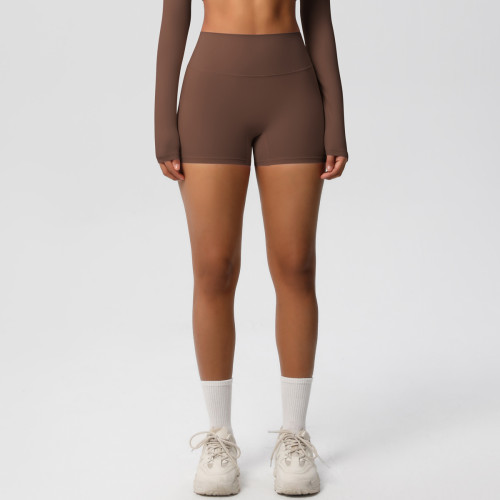 In-stock cross-border solid color double-sided brushed high-waisted tight-fitting butt-lifting yoga shorts for women, suitable for running and fitness activities