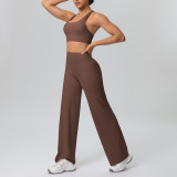 Cross-border European and American solid color double-sided brushed fabric cross-back sports bra yoga outfit set for running and fitness two-piece set