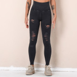 Clearance Sale: New Cross-Border Washed Yoga Pants with Holes and Hollow Design, Seamless High-Waisted Sports Cropped Pants, Butt-Lifting Fitness Pants for Women