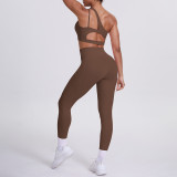 Cross-border European and American double-sided brushed nylon one-shoulder yoga outfit set with sports running fitness pocket pants two-piece set