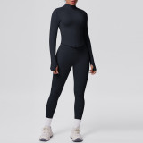Cross-border seamless solid color tight-fitting high-elastic breathable zippered nine-point sports suit for running, fitness, and yoga two-piece set