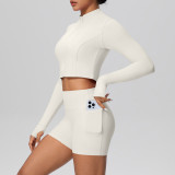 In-stock cross-border solid color brushed fabric nude-feel short jacket set with tight-fitting pocket shorts, two-piece fitness yoga outfit