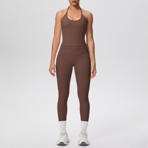 Cross-border solid color brushed fabric backless tight-fitting halter neck pocket yoga outfit set for sports, running, and fitness two-piece set