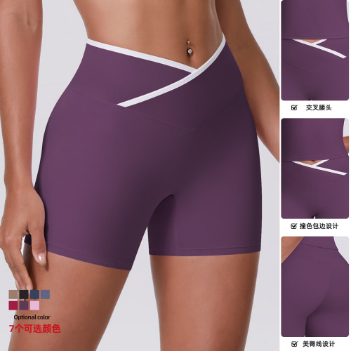 New European and American style cross-color high-waisted tight yoga shorts for women, suitable for sports, running, and fitness