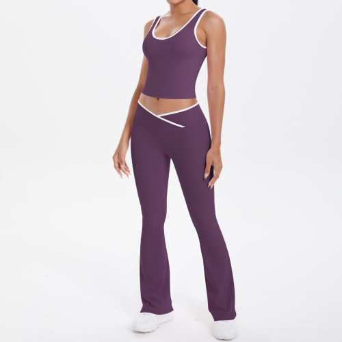 New cross-border double-sided brushed contrasting color tight-fitting breathable cross-over yoga outfit set for sports, running, and fitness two-piece set