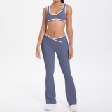 New cross-border double-sided brushed contrasting color tight-fitting breathable cross-over yoga outfit set for sports, running, and fitness two-piece set