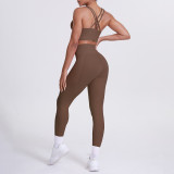 European and American cross-border seamless brushed fabric cross-back sports bra and butt-lifting pocket leggings two-piece fitness yoga outfit