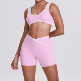 Cross-border double-sided brushed contrasting color tight-fitting breathable cross-waist yoga outfit set for women, suitable for sports, running, and fitness