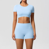 In-stock cross-border solid color double-sided brushed yoga outfit with chest support, running sports fitness short two-piece set for women