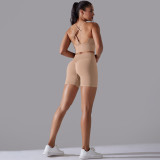Cross-border European and American seamless knitted solid color high-elastic tight-fitting yoga outfit set, two-piece running and fitness wear for women