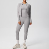 In-stock cross-border double-sided brushed fabric, skin-friendly, breathable, tight-fitting three-piece sports running fitness yoga set for women