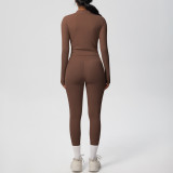 In-stock cross-border solid color double-sided brushed naked-feel jacket long-sleeve suit, tight-fitting running fitness yoga two-piece set