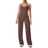Cross-border solid color brushed fabric backless tight-fitting halter neck high-waisted yoga outfit set for sports, running, and fitness two-piece set