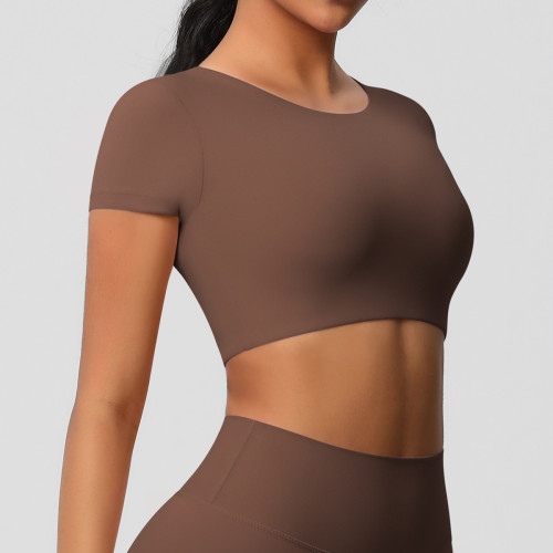 In-stock cross-border double-sided brushed fabric tight-fitting short-sleeve yoga top with chest pads for women, suitable for Pilates and running