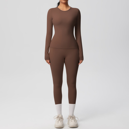 In-stock cross-border solid color double-sided brushed breathable high-elasticity tight-fitting yoga outfit set for sports, running, and fitness two-piece set