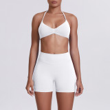 Cross-border seamless solid color halter neck bra and shorts yoga outfit set, tight-fitting running and fitness two-piece set