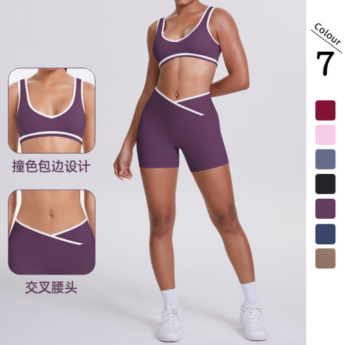 Cross-border double-sided brushed contrasting color tight-fitting breathable cross-waist yoga outfit set for women, suitable for sports, running, and fitness