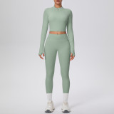 In-stock cross-border solid color double-sided brushed naked-feel short jacket set, tight-fitting running fitness yoga two-piece outfit