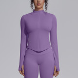 Cross-border seamless solid color tight-fitting high-elastic breathable stand-up collar zip-up jacket for women's sports, running, fitness, and yoga