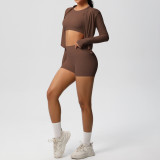 New cross-border solid color nude-feel brushed long-sleeve jacket tight-fitting three-piece sports running fitness yoga outfit set