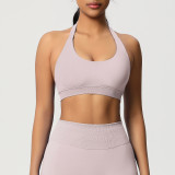 Cross-border solid color seamless backless high-elasticity tight-fitting halter neck sports bra for running, fitness, and yoga for women