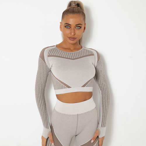 In stock!European and American internet celebrity seamless knitted sexy moisture-wicking long-sleeve yoga wear sports fitness running T-shirt