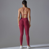 New cross-border seamless solid color tight-fitting cross-back sports bra yoga set for women, suitable for running and fitness