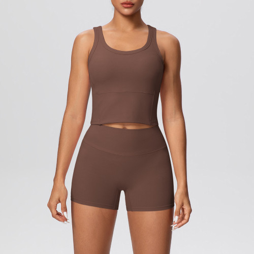 New cross-border double-sided brushed solid color breathable tank top and shorts yoga outfit set for sports, running, and fitness two-piece set