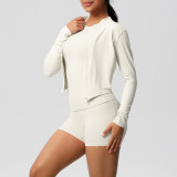 European and American cross-border cloud-feel brushed long-sleeve sports zip-up jacket, running butt-lifting fitness yoga three-piece set for women